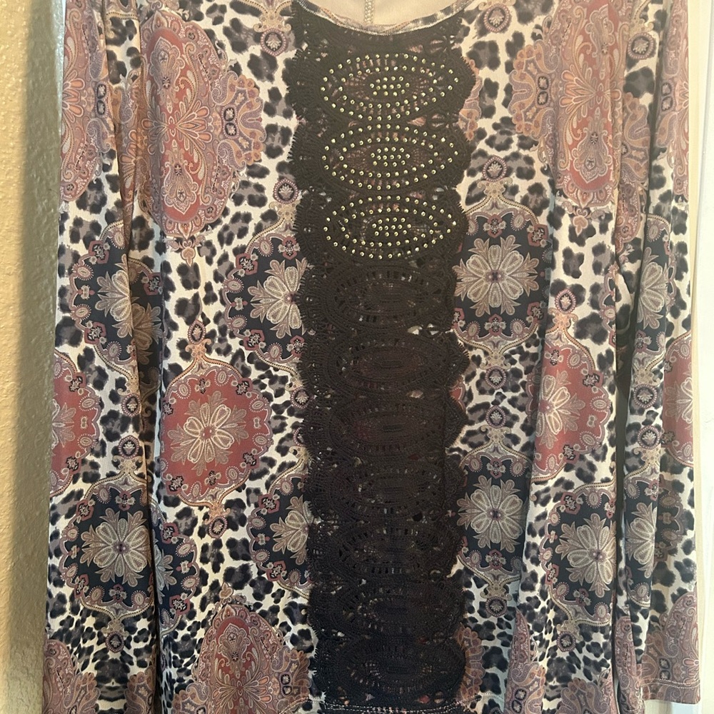 ONE WORLD Printed Boho Tunic with Black Crochet Panel -  plus over matching Jack